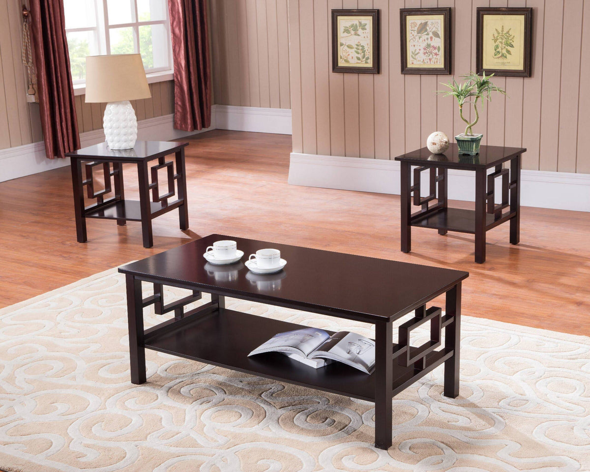 3 Piece Dark Cherry Wood Coffee and End Tables Set with Storage Shelf Y225311