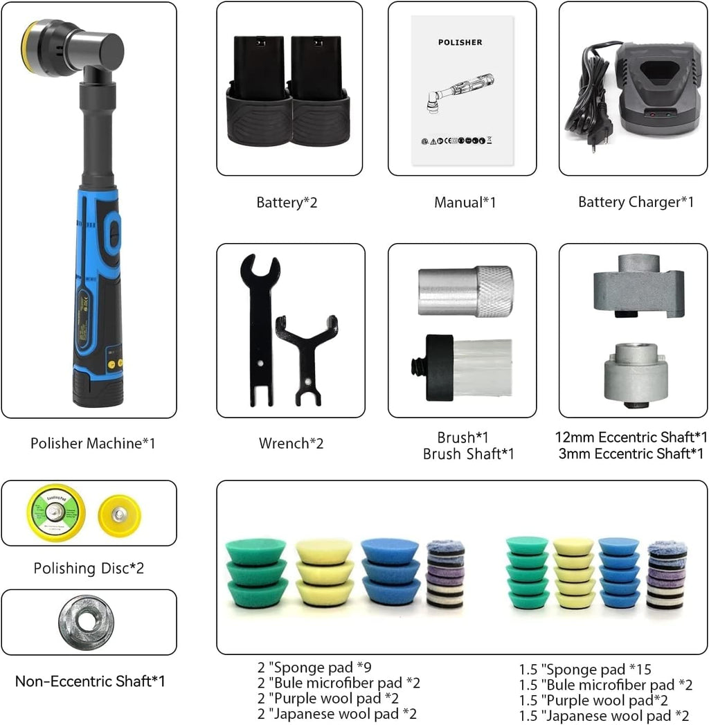 Mini Cordless Polisher, 5 Variable Speed 2500-6000RPM, 2 Batteries and 1 Battery Charger F828198