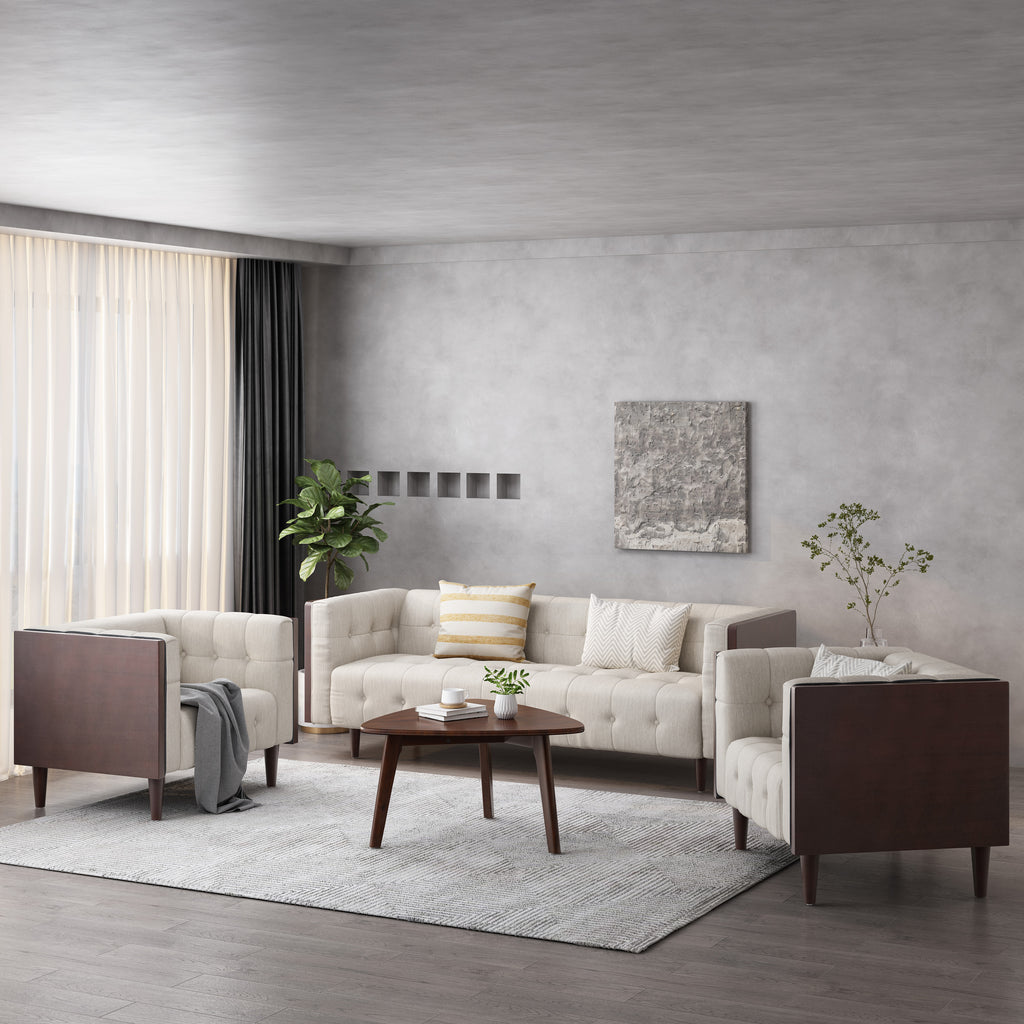 Beige and Brown Fabric Tufted 3 Piece Sofa Set V2160