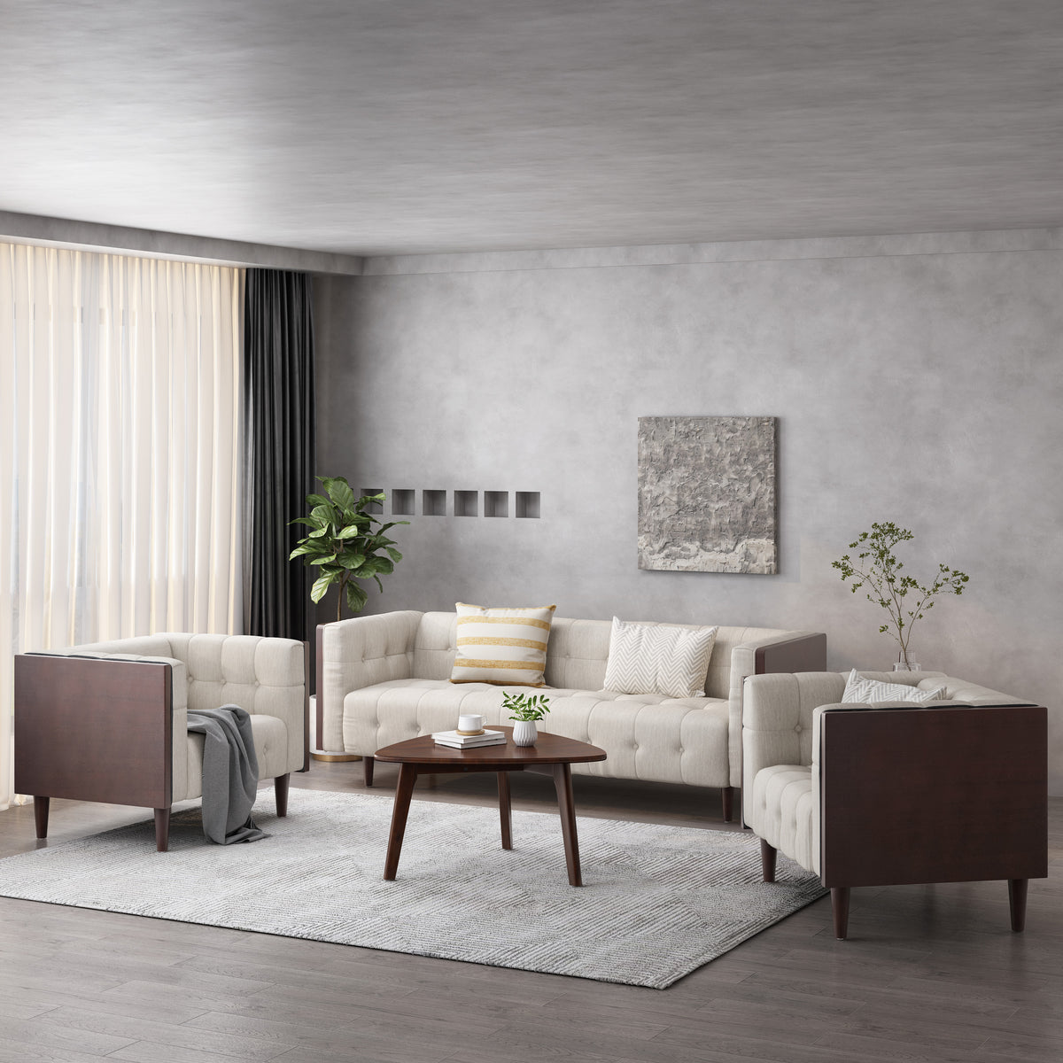 Beige and Brown Fabric Tufted 3 Piece Sofa Set V2160
