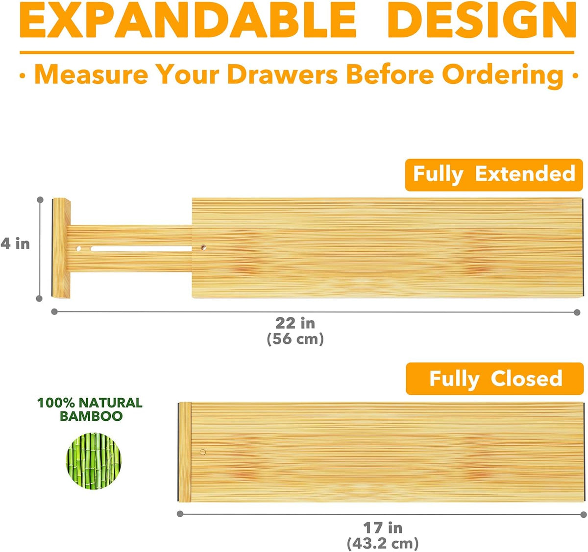 4" High Bamboo Deep Drawer Dividers, Expandable Drawer Organizers, 2 Dividers (17-22 in) Z53573