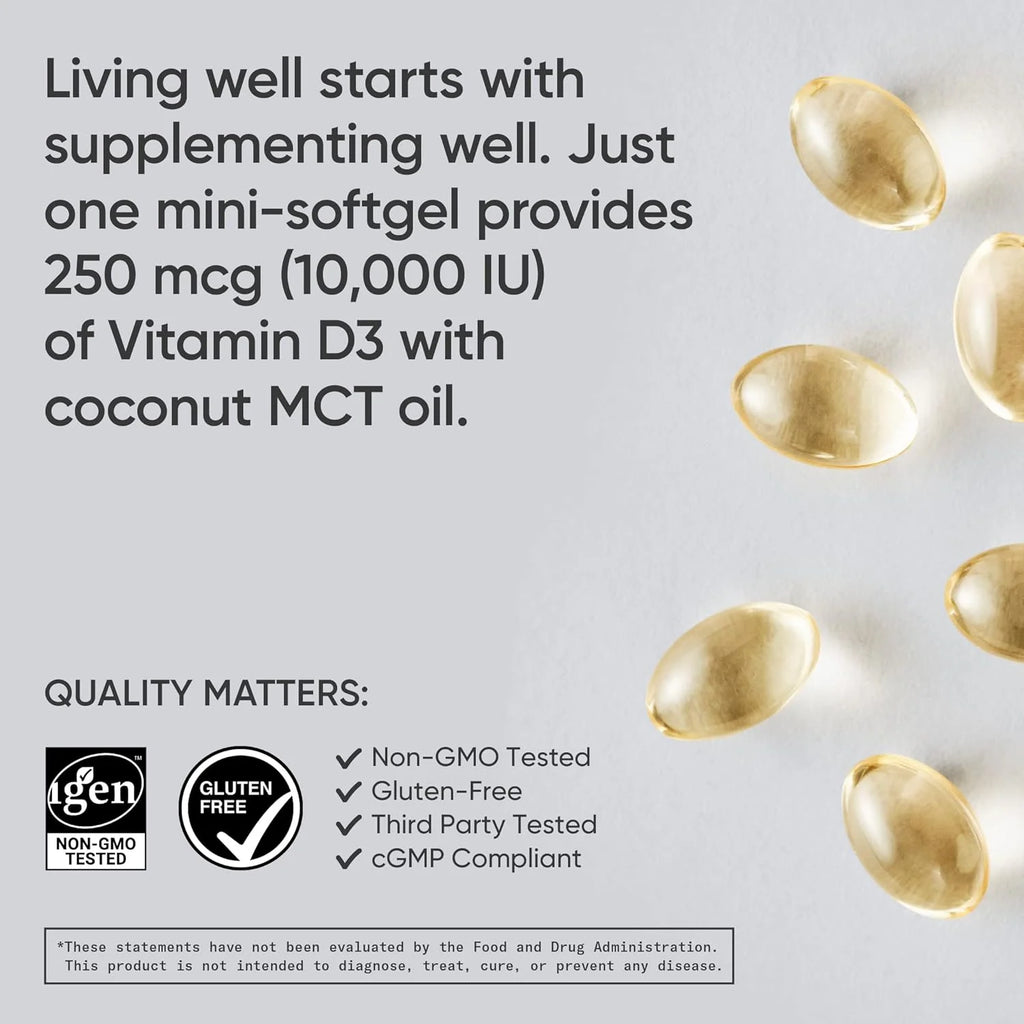 Vitamin D3 10,000 IU with Coconut MCT Oil – 120 Liquid Softgels I6846