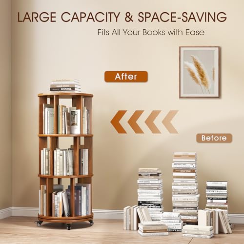 Walnut Solid Wood Rotating Bookshelf with Swivel Wheels C603421