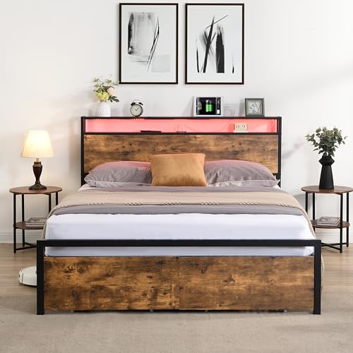 Full Size Metal Platform Bed with Storage Headboard and 2 Drawers L331008