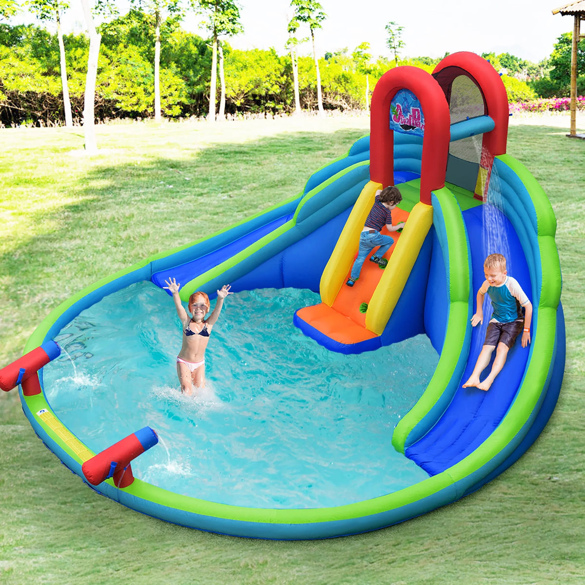 Inflatable Bounce House Water Splash Pool Dual Slide Climbing Wall T29407