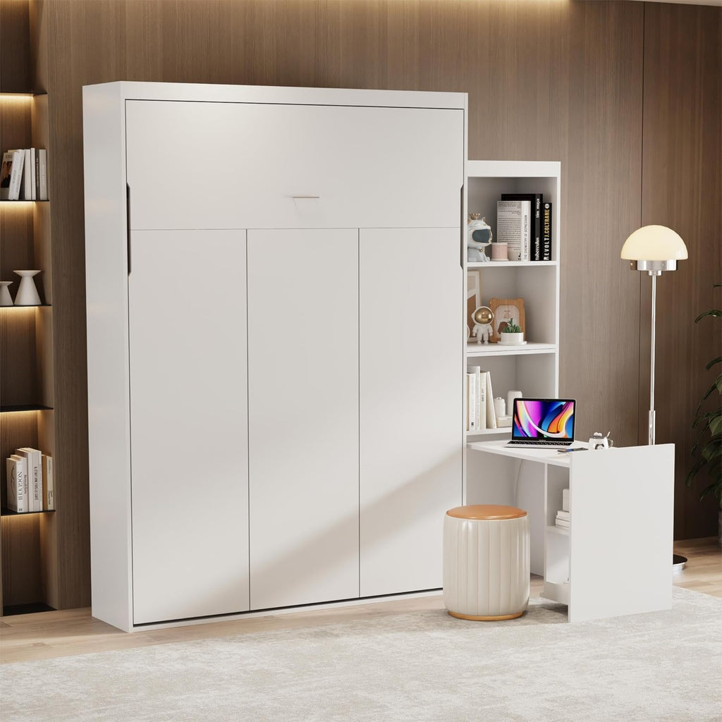 White Queen Size Vertical Murphy Bed with Desk and Drawers T34307