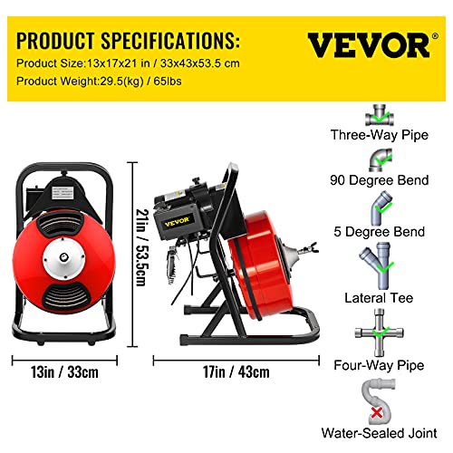 50FT x 1/2Inch Electric Drain Auger with 4 Cutter & Foot Switch T299