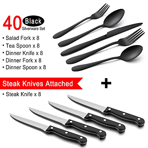 48-Piece Black Stainless Steel Silverware Set with Steak Knives X370