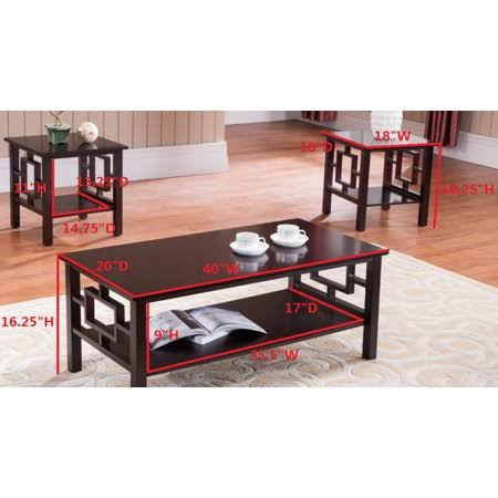 3 Piece Dark Cherry Wood Coffee and End Tables Set with Storage Shelf Y225311