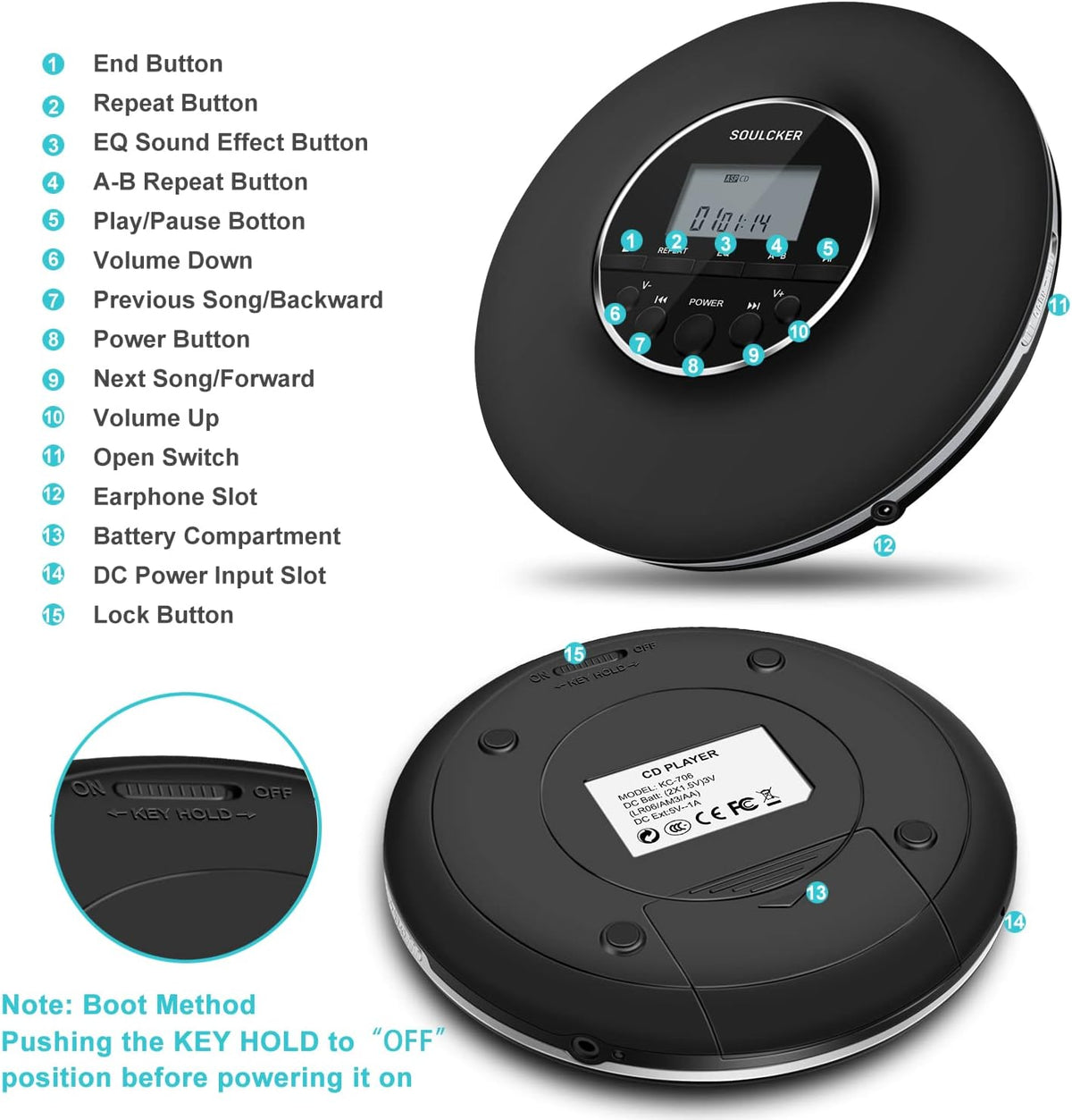 Portable CD Player with Headphones Jack, Anti-Skip, Shockproof, LCD Screen A50666