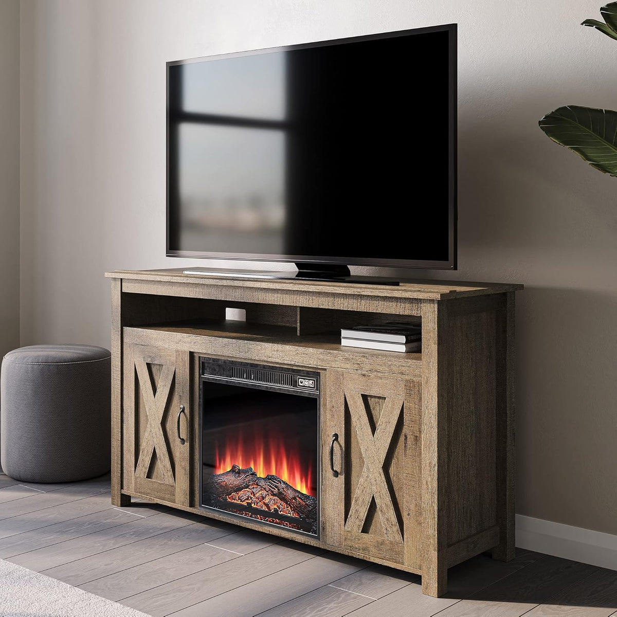 Modern Barn Door Wood Electric Fireplace TV Stand with Two Open Shelves and Cabinets F8359