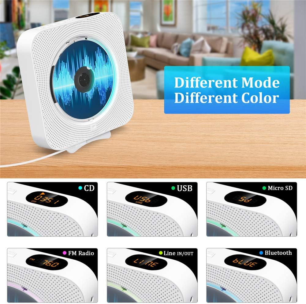 CD Player with Bluetooth, Portable Wall Mountable CD Player with Dust Cover, Home Audio Boombox with Remote Control FM Radio Colorful Light MP3 Headphone Jack AUX Input Output Pack of 2 N81412