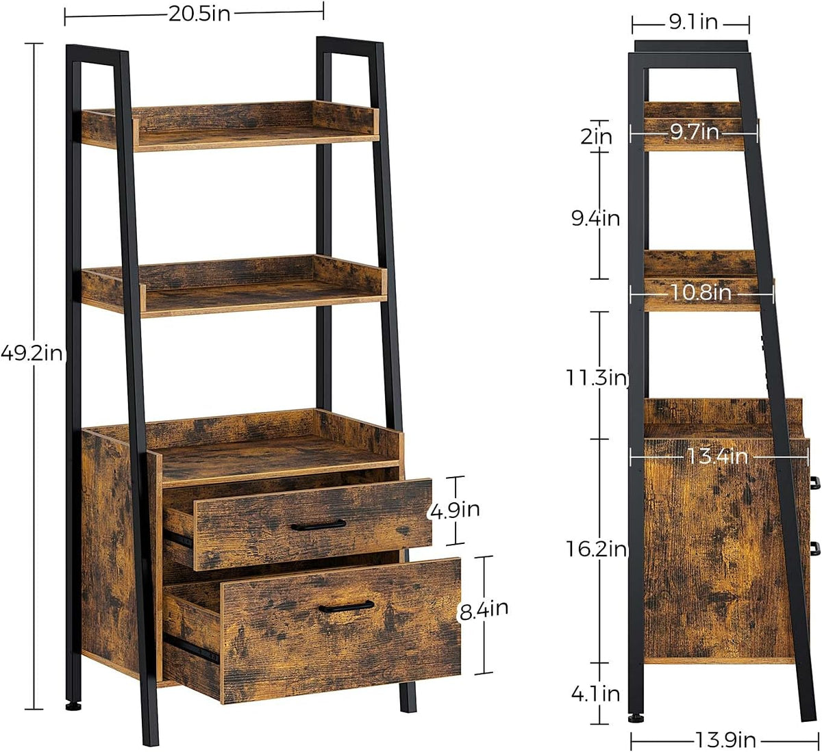 Rustic Brown 3 Tier Ladder Shelf with 2 Drawers W73108