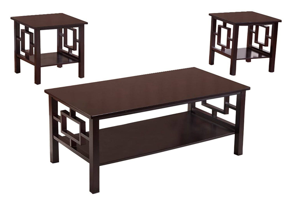 3 Piece Dark Cherry Wood Coffee and End Tables Set with Storage Shelf Y225311