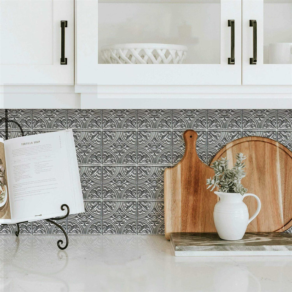 Silver Tin Peel and Stick Tile Backsplash L880307