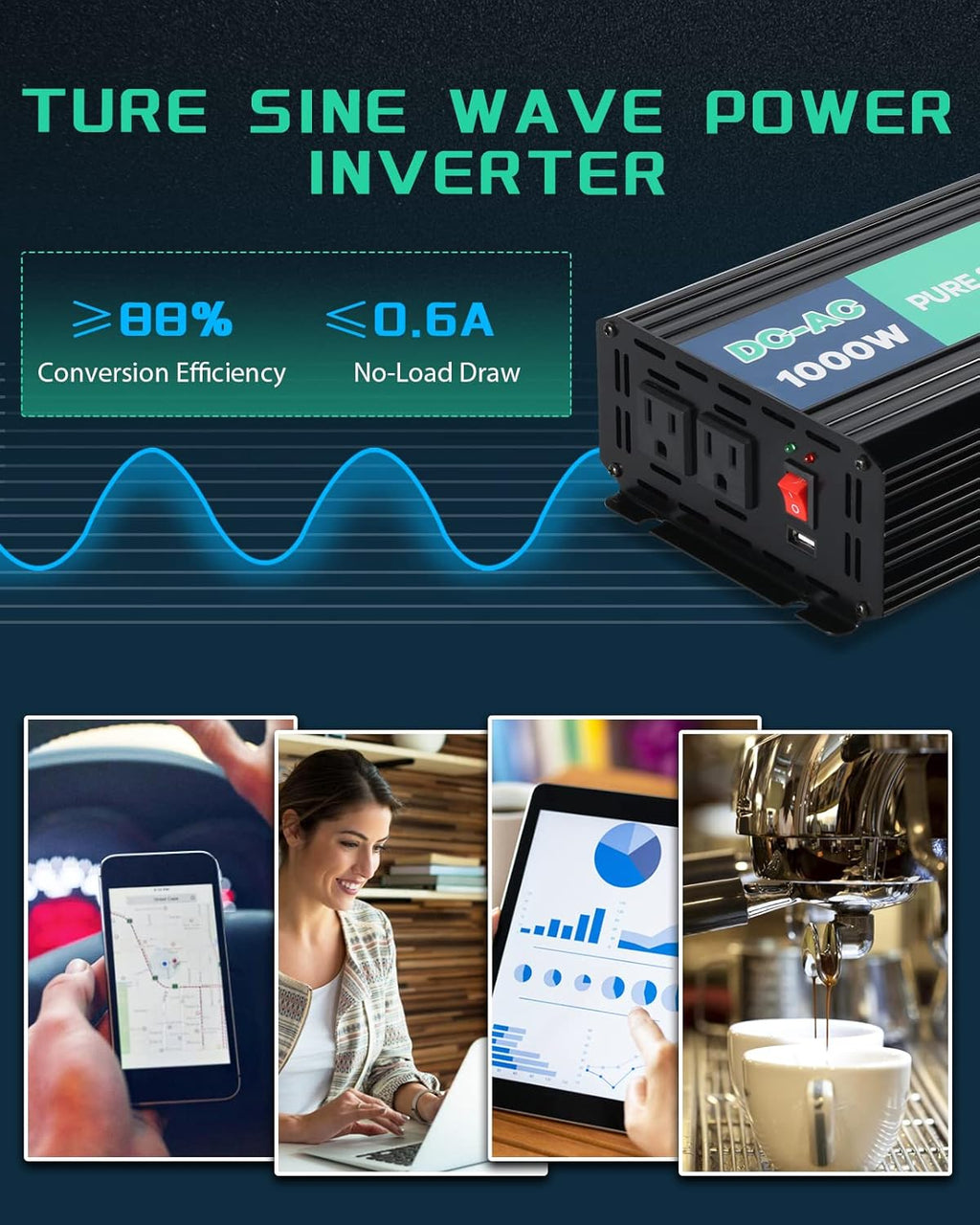 1000W Pure Sine Wave Power Inverter 12V DC to AC 110V 120V Peak 2000 Watt J134