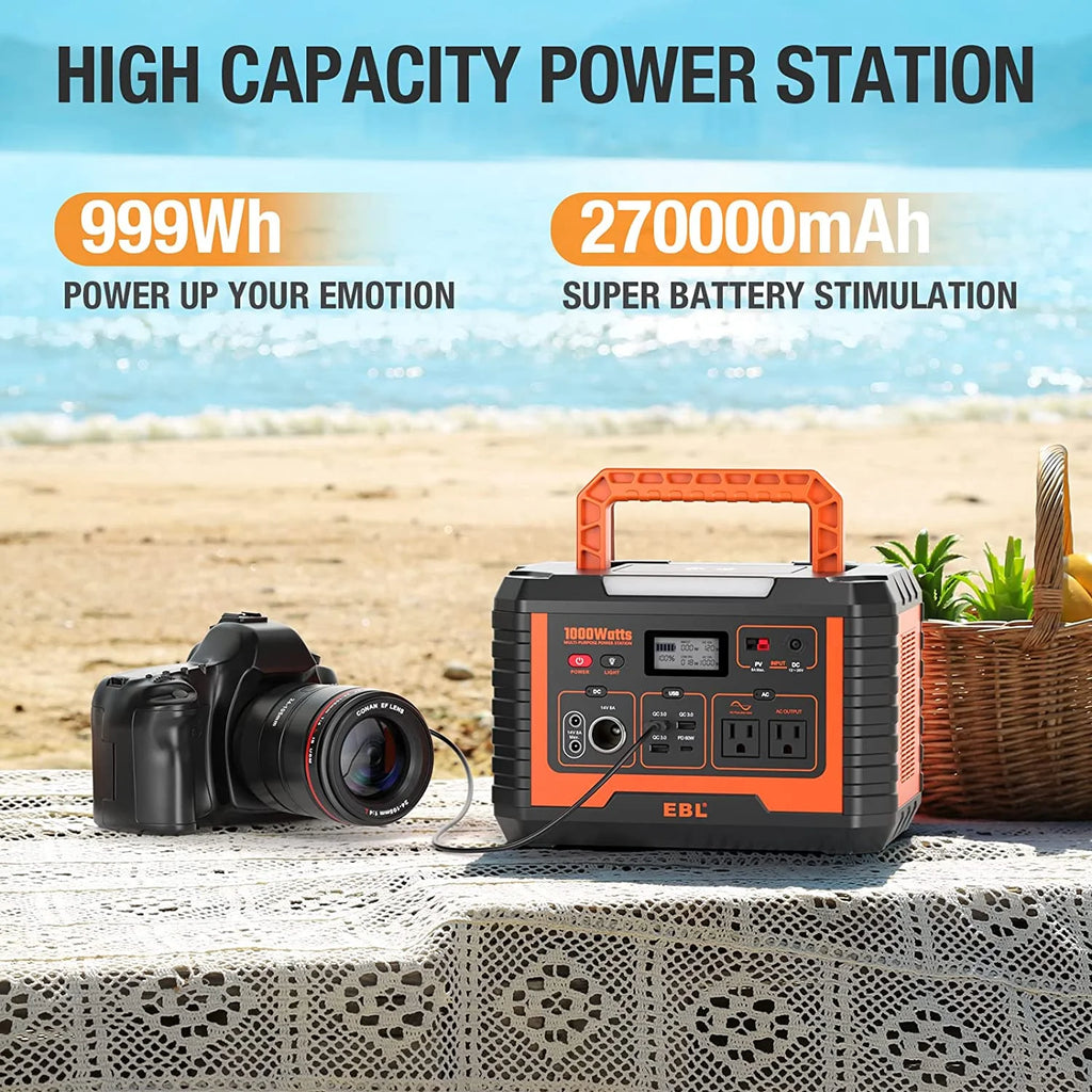 Portable Power Station 1000W Solar Generator, 270000mAh Lithium Battery Backup, with 2 AC Outlets, 3 QC3.0 USB, and PD60W Port Y413
