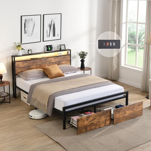 Full Size Metal Platform Bed with Storage Headboard and 2 Drawers L331008