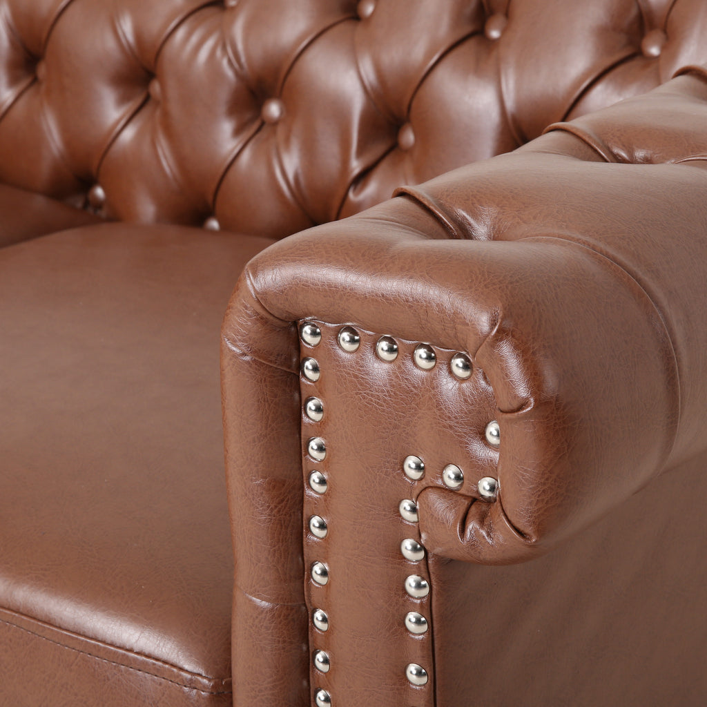 Cognac Brown Upholstered Button Tufted Loveseat with Nailhead Trim T543257
