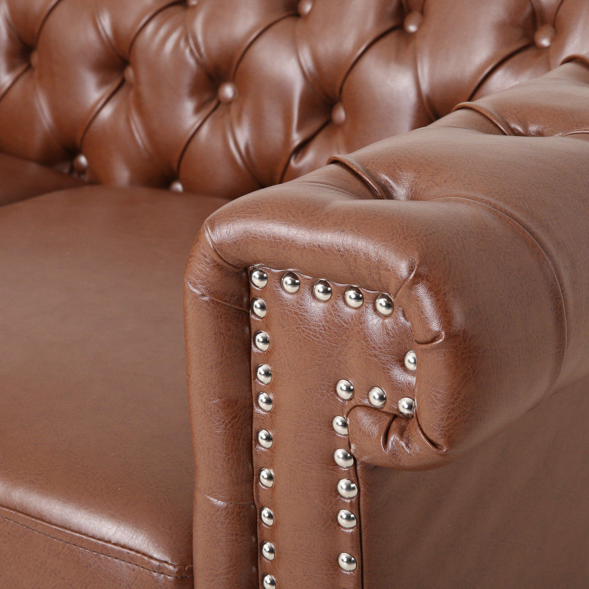 Cognac Brown Upholstered Button Tufted Loveseat with Nailhead Trim T543257