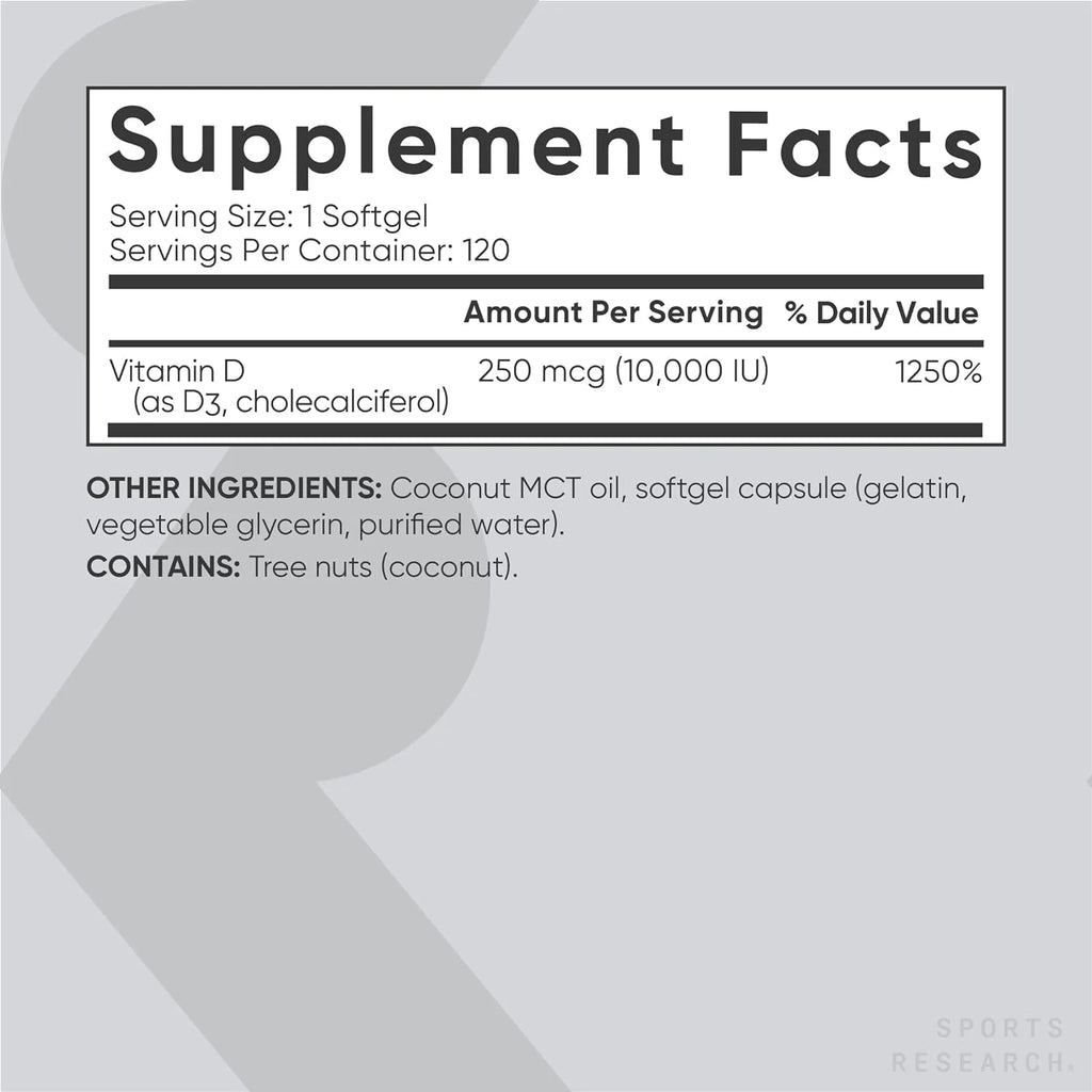 Vitamin D3 10,000 IU with Coconut MCT Oil – 120 Liquid Softgels I6846