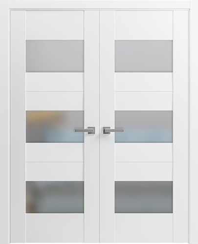 Solid French Double Doors 36 x 80 inches Opaque Glass White Silk Wood Solid Panel Frame K980