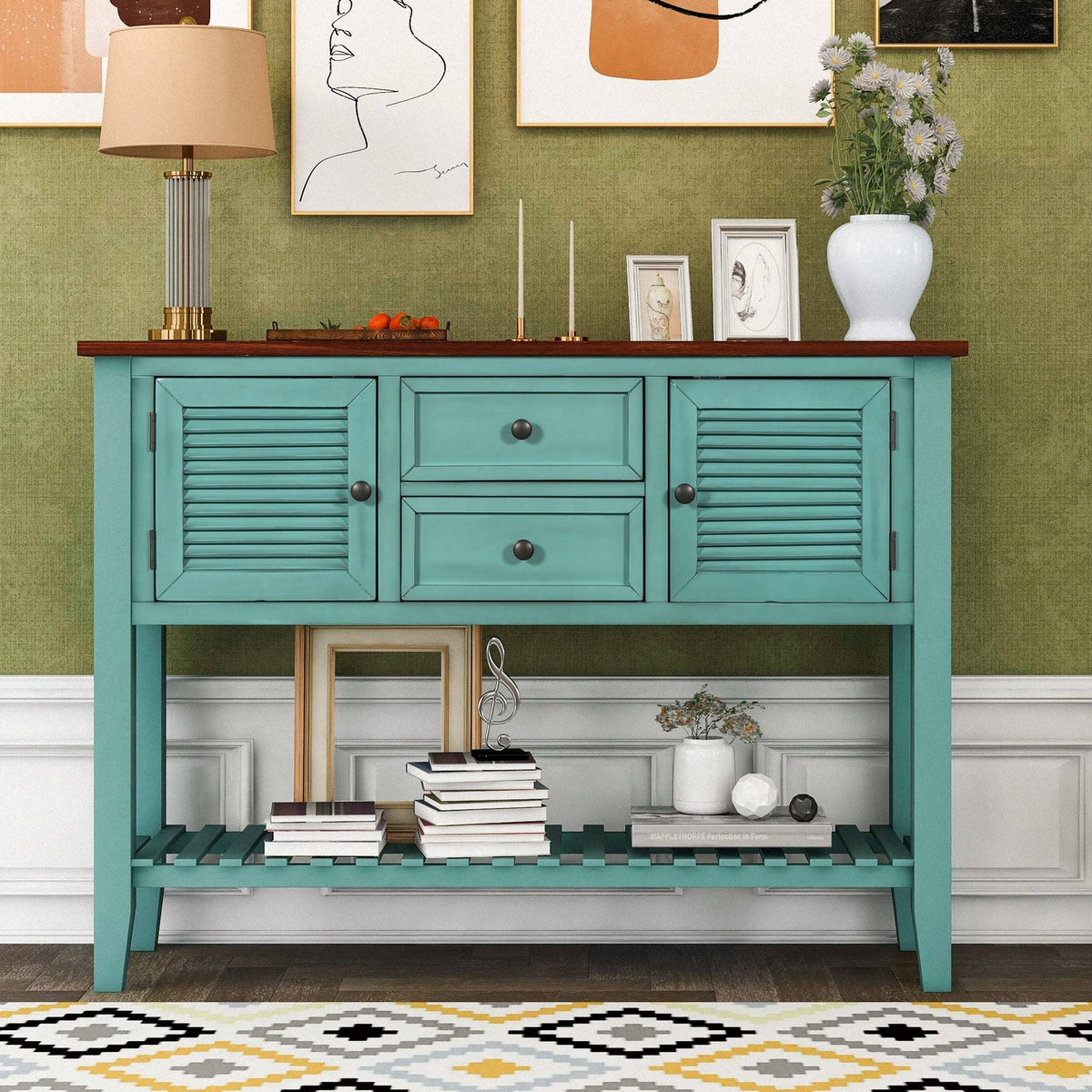 Blue Console Table with 2 Drawers and Bottom Shelf B510