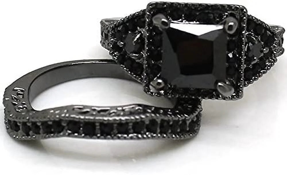 Black Onyx Princess Cut Bridal Ring Set N4789