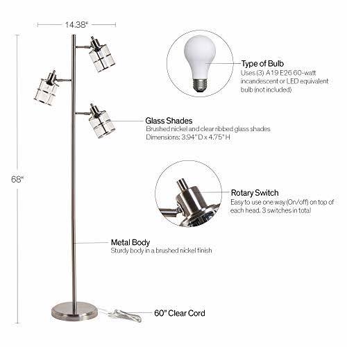 Modern 3 Floor Lamp with Adjustable Ribbed Glass Shade C53884