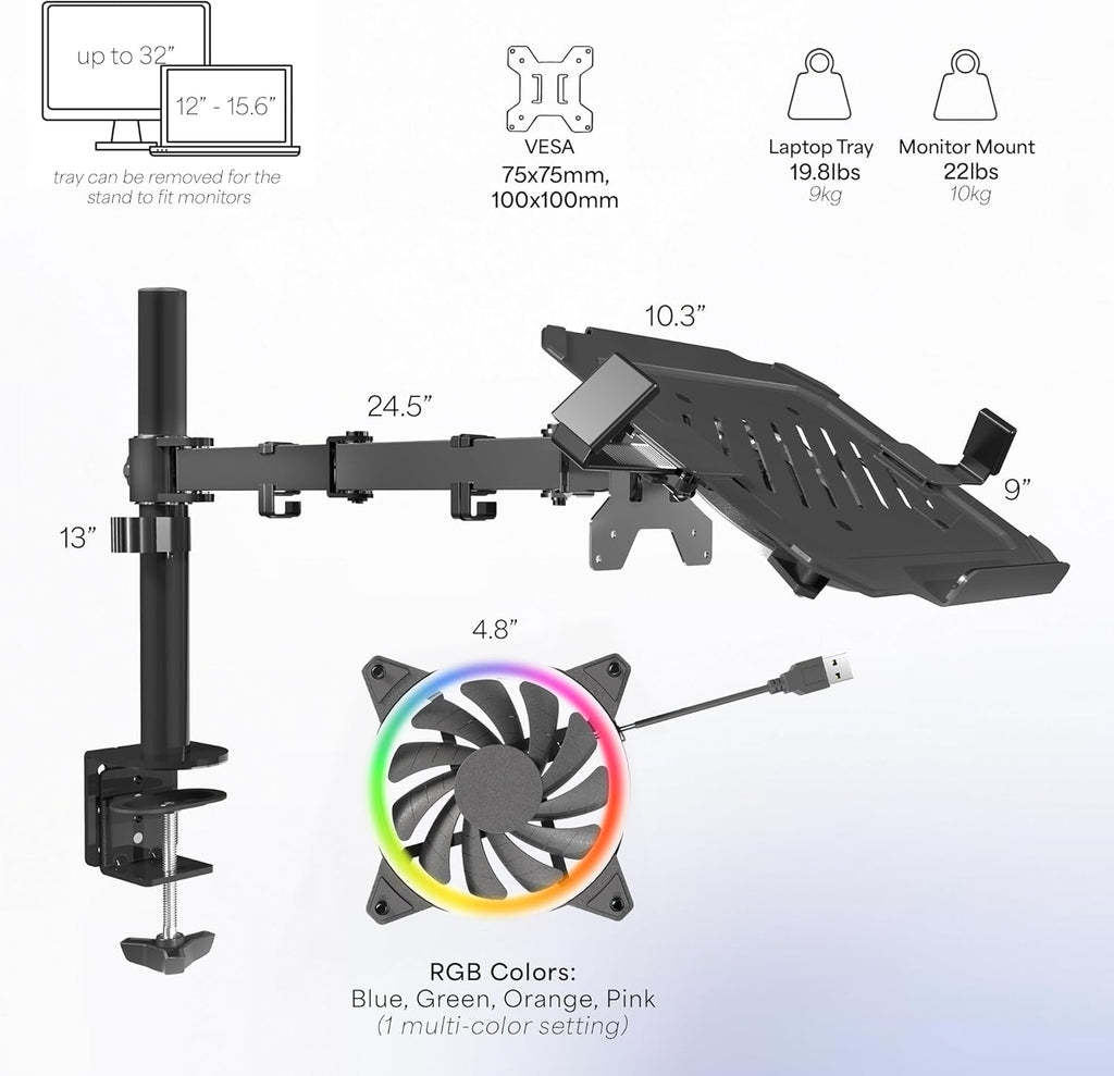 Black Adjustable 12 to 15.6 inch Laptop Desk Mount Stand with RGB Fan E141440