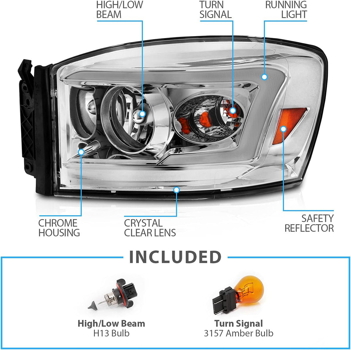 Chrome LED Tube Replacement Headlights for Ram Truck 1500 2500 3500 U10277