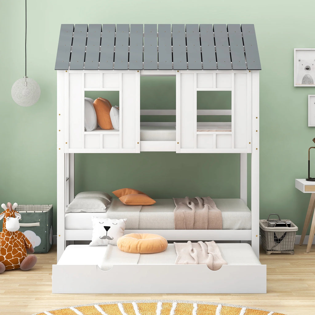 Twin Size House Bunk Bed with Trundle A980075
