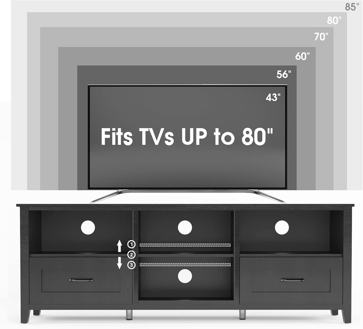 Black 70 inch TV Stand with Drawers Wood Storage Cabinet Z798