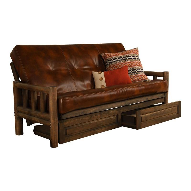 Rustic Walnut Full Size Futon Frame with Mattress and Storage Drawers X3311