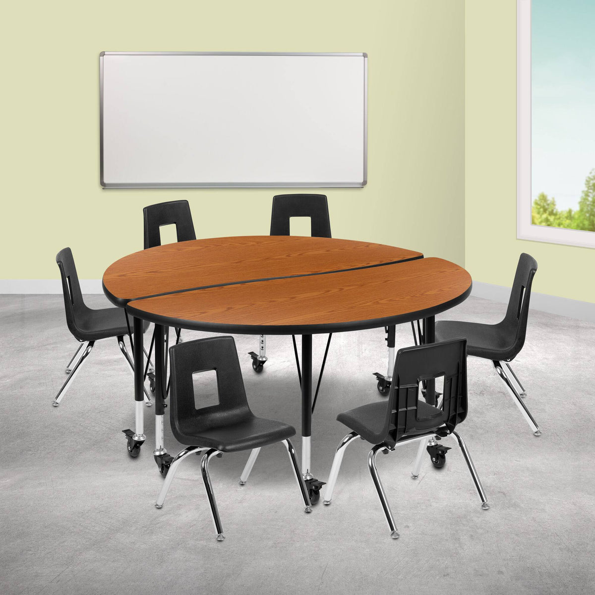 Mobile Laminate Activity Table Set with Student Stack Chairs, Oak/Black Q7012