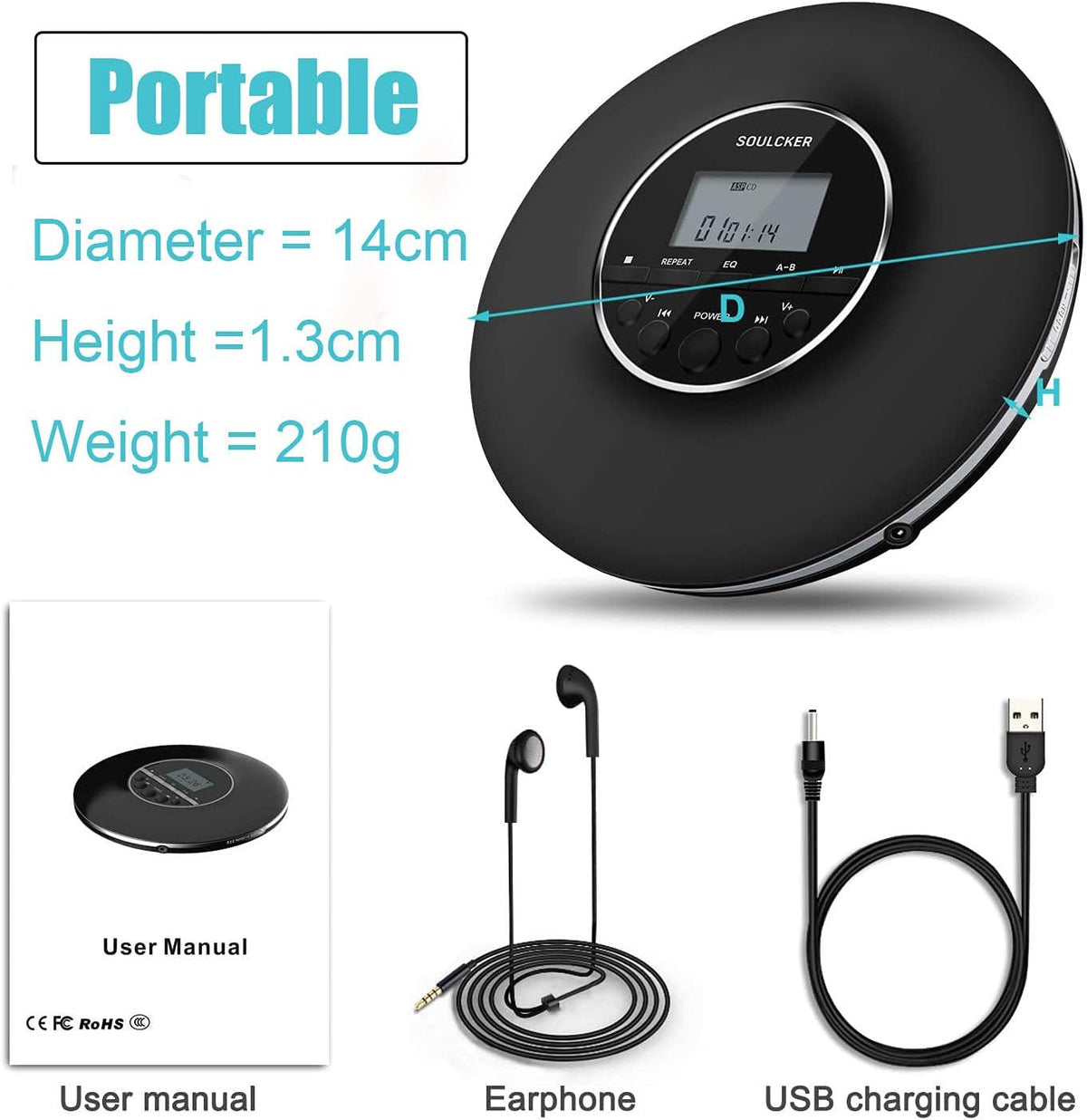 Portable CD Player with Headphones Jack, Anti-Skip, Shockproof, LCD Screen A50666