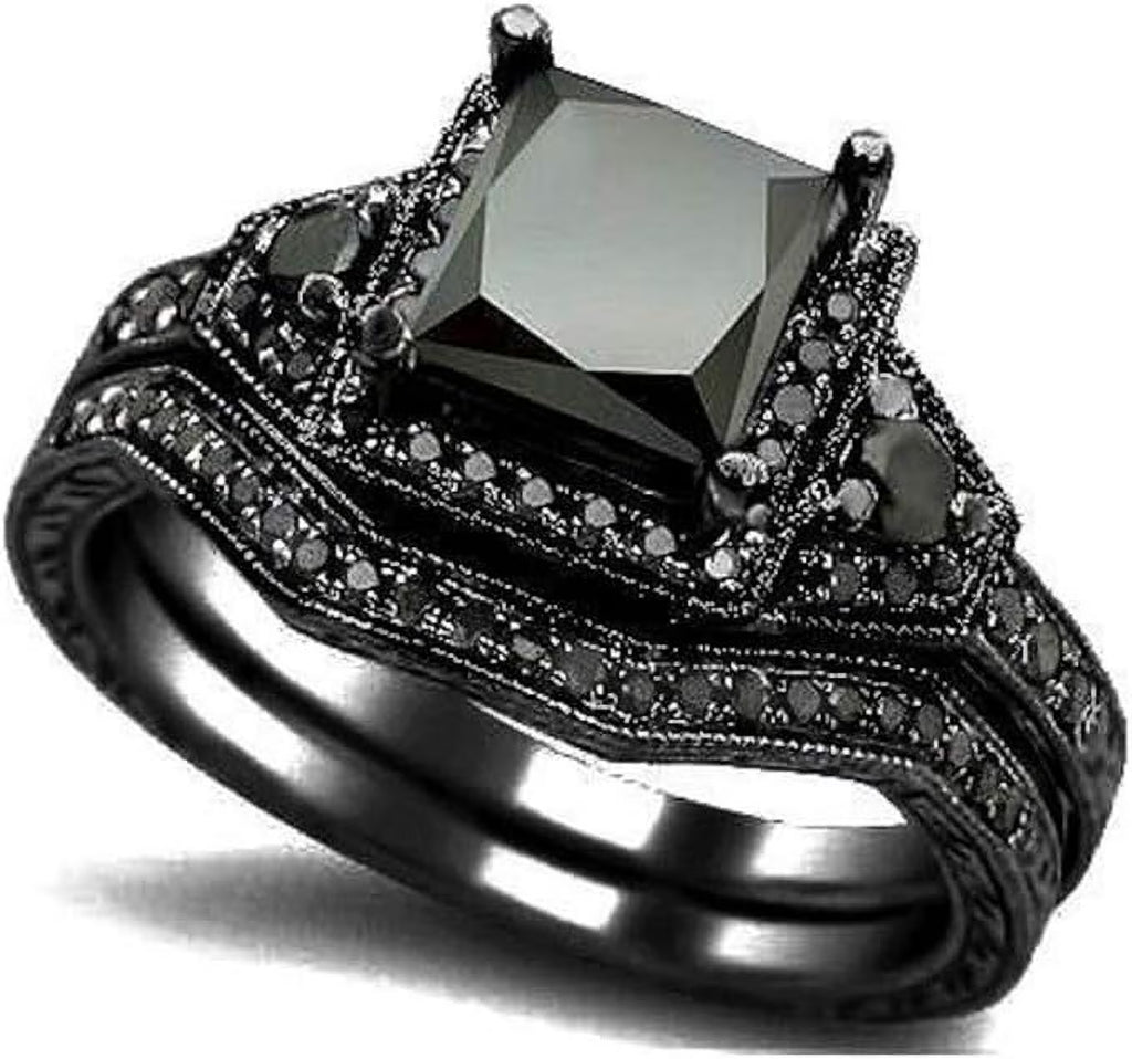 Black Onyx Princess Cut Bridal Ring Set N4789