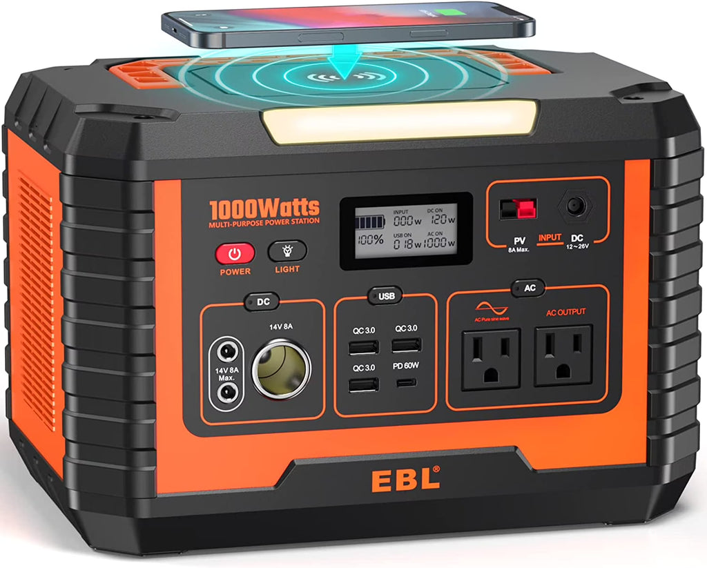 Portable Power Station 1000W Solar Generator, 270000mAh Lithium Battery Backup, with 2 AC Outlets, 3 QC3.0 USB, and PD60W Port Y413