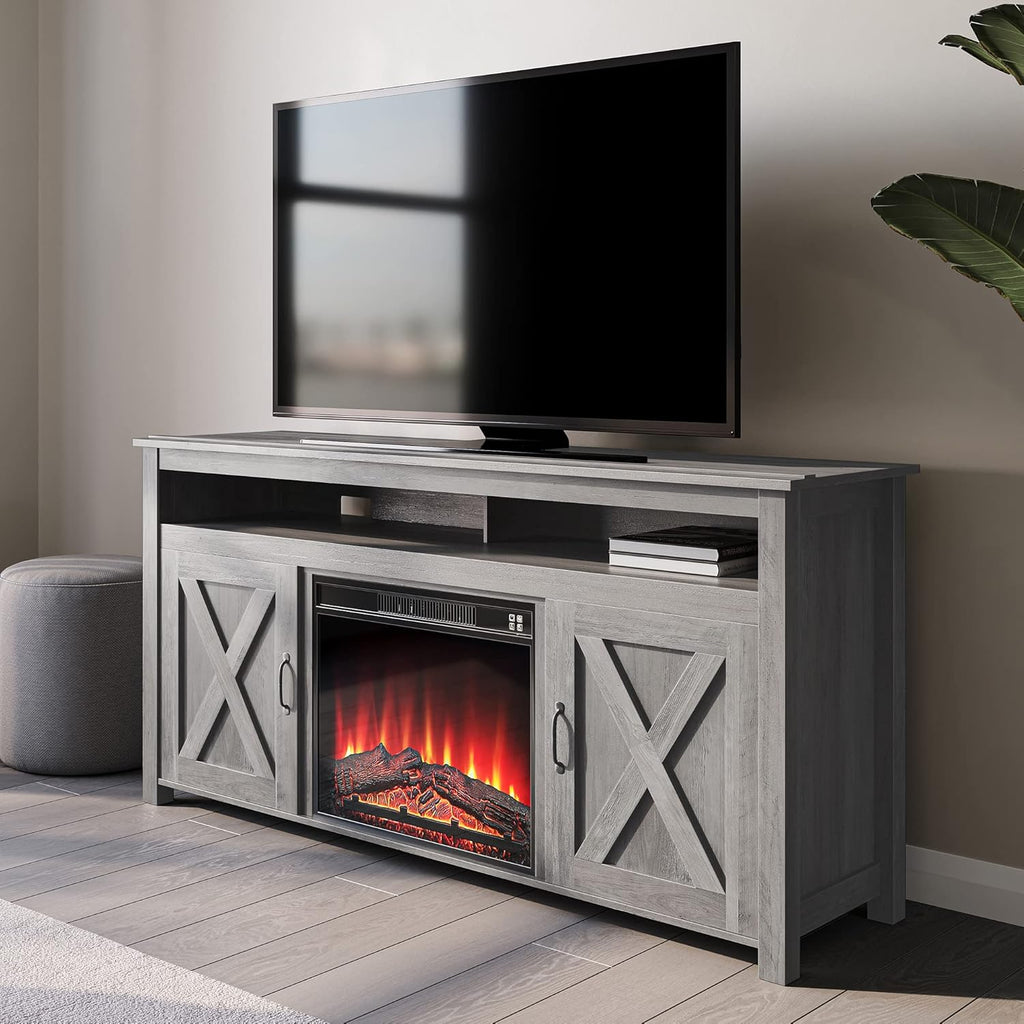 Modern Barn Door Wood Electric Fireplace TV Stand with Two Open Shelves and Cabinets F8359