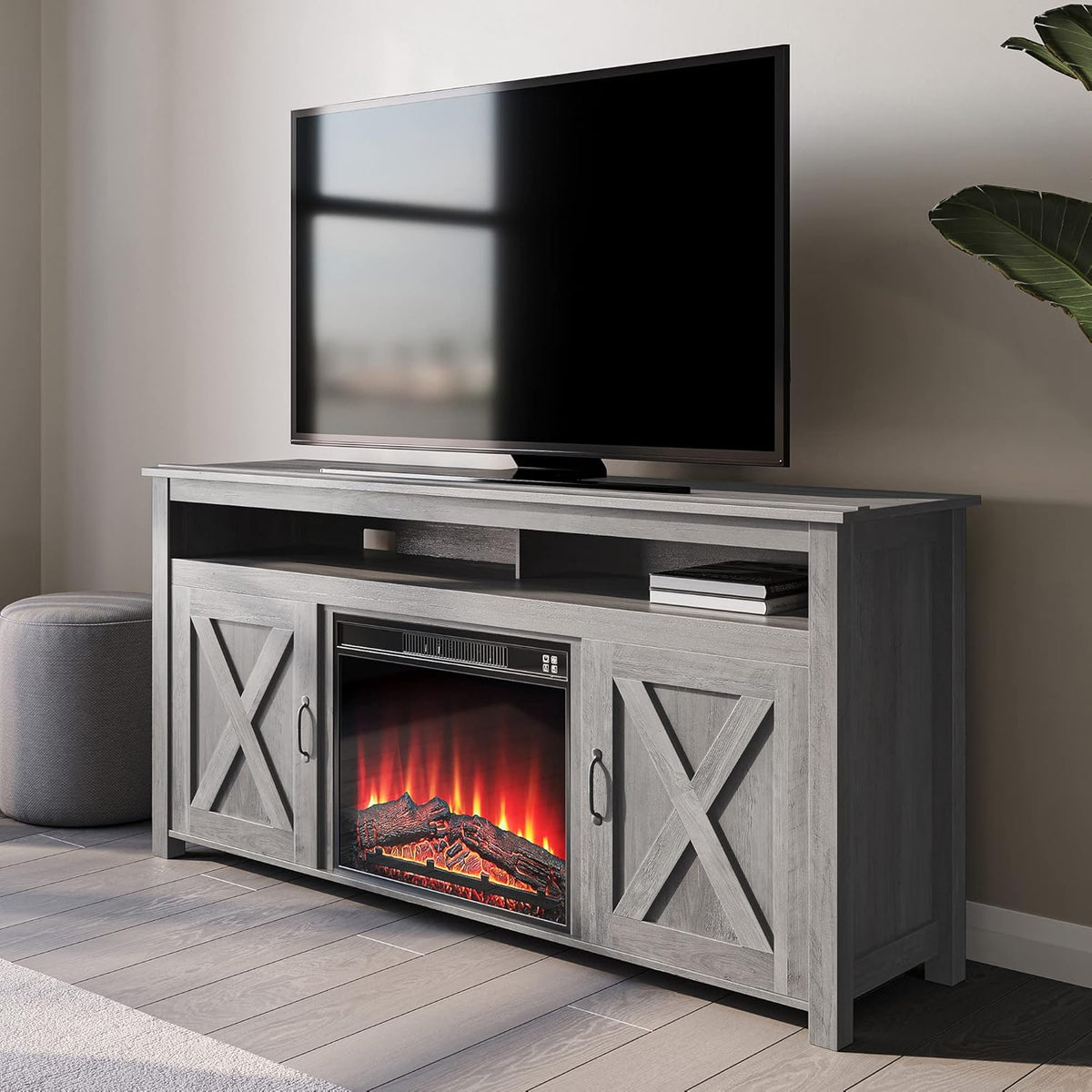 Modern Barn Door Wood Electric Fireplace TV Stand with Two Open Shelves and Cabinets F8359