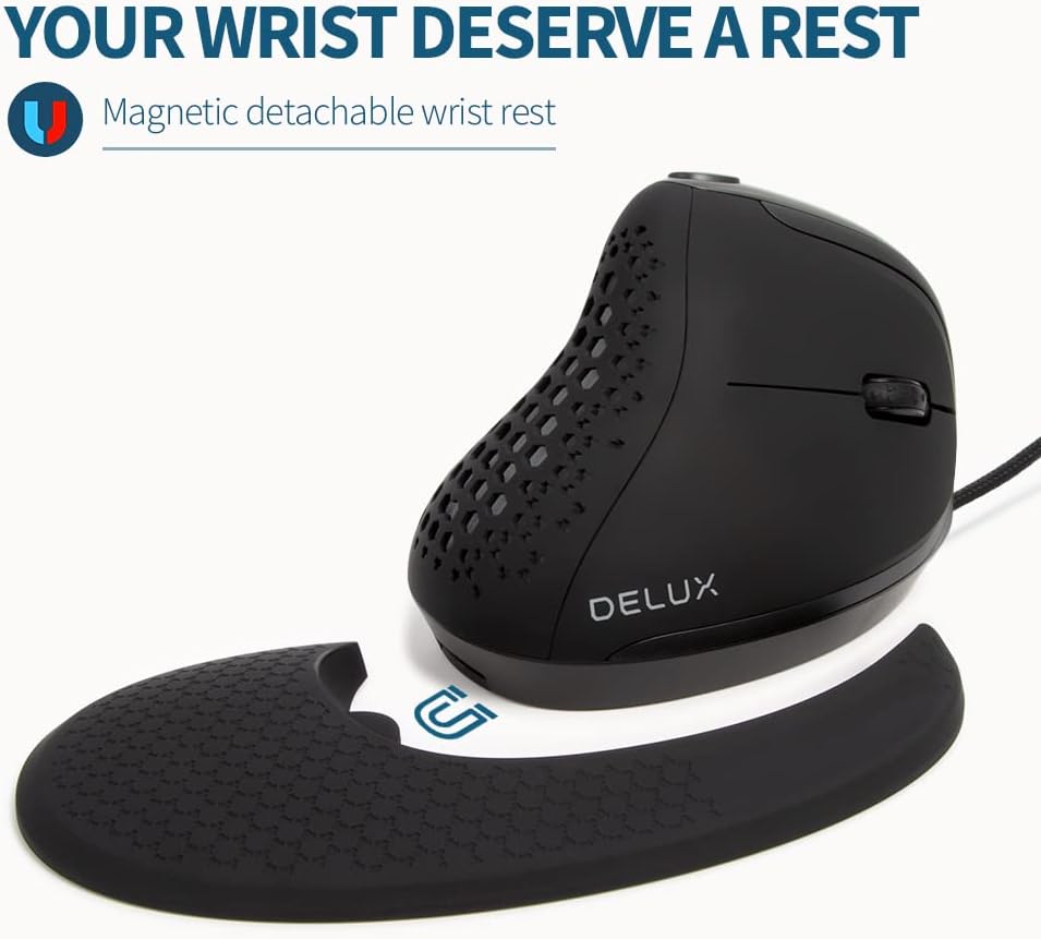 Wired Ergonomic Vertical Mouse with Thumb Wheel, 6 Programmable Buttons, 4000 DPI, Removable Wrist Rest W638