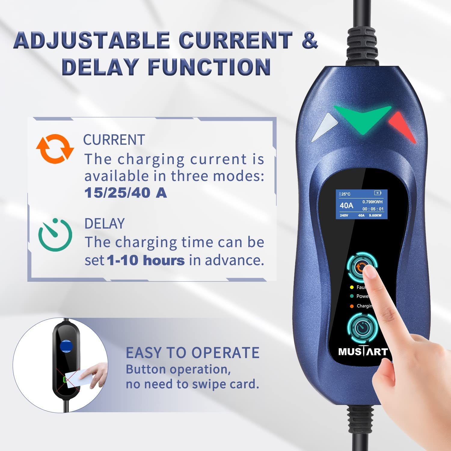 Portable Level 2 EV Charger, 240 Volt, 25ft Cable, 40 Amp Adjustable, NEMA 14-50P U9404