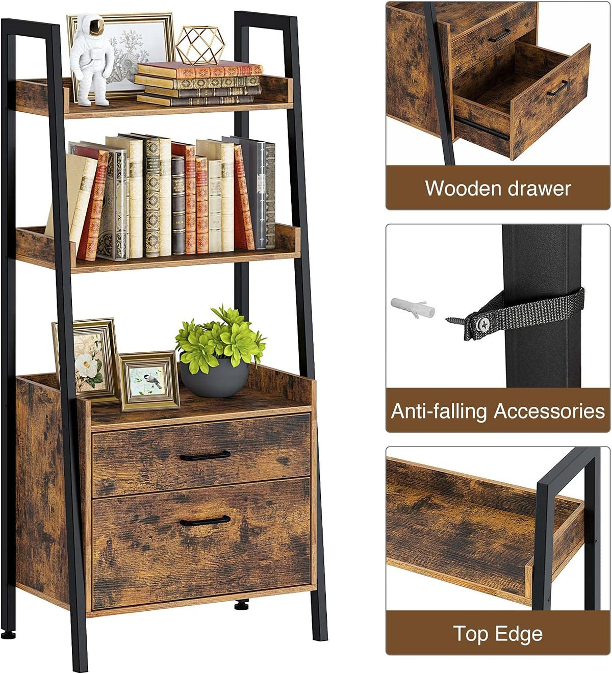 Rustic Brown 3 Tier Ladder Shelf with 2 Drawers W73108