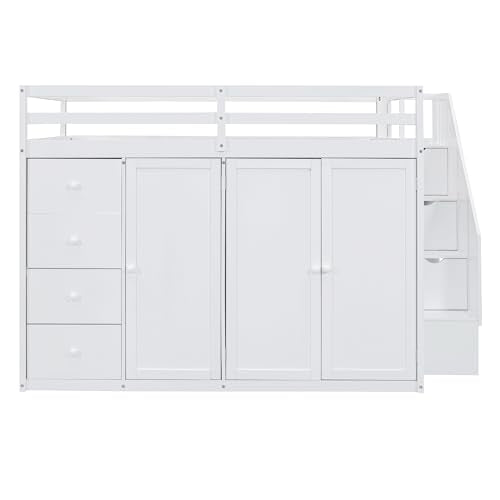Gray Wood Loft Bed with Stairs and Wardrobe N90732