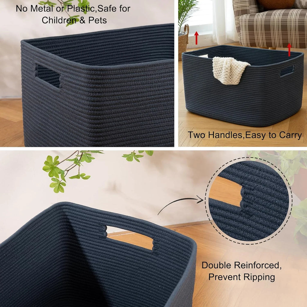 75L Large Woven Cotton Rope Blanket Storage Basket with Handle W471