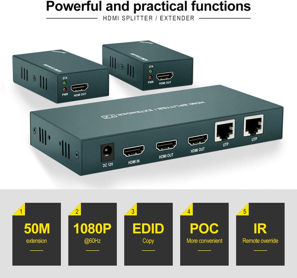 HDMI Extender Splitter 1x2 with IR, 2 HDMI Loop Out, Pack of 2 E14105