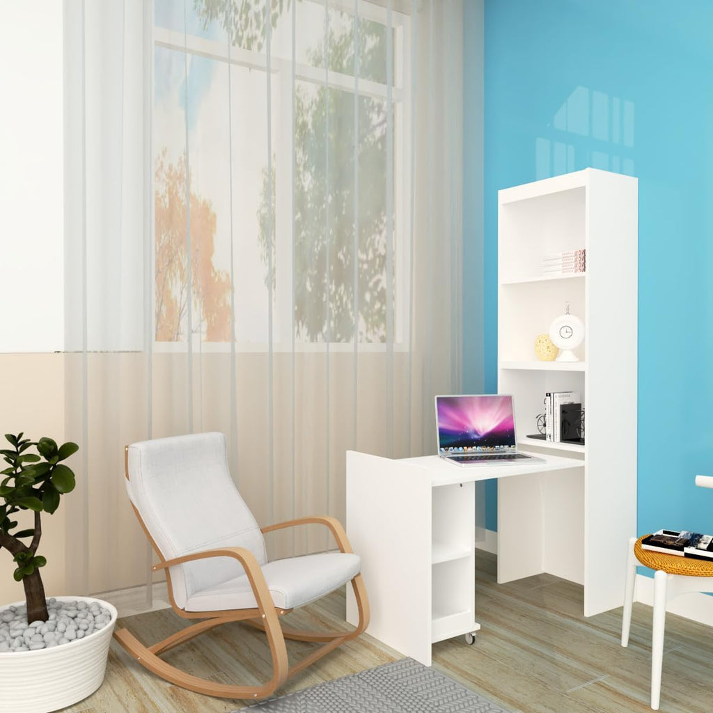 White Queen Size Vertical Murphy Bed with Desk and Drawers T34307