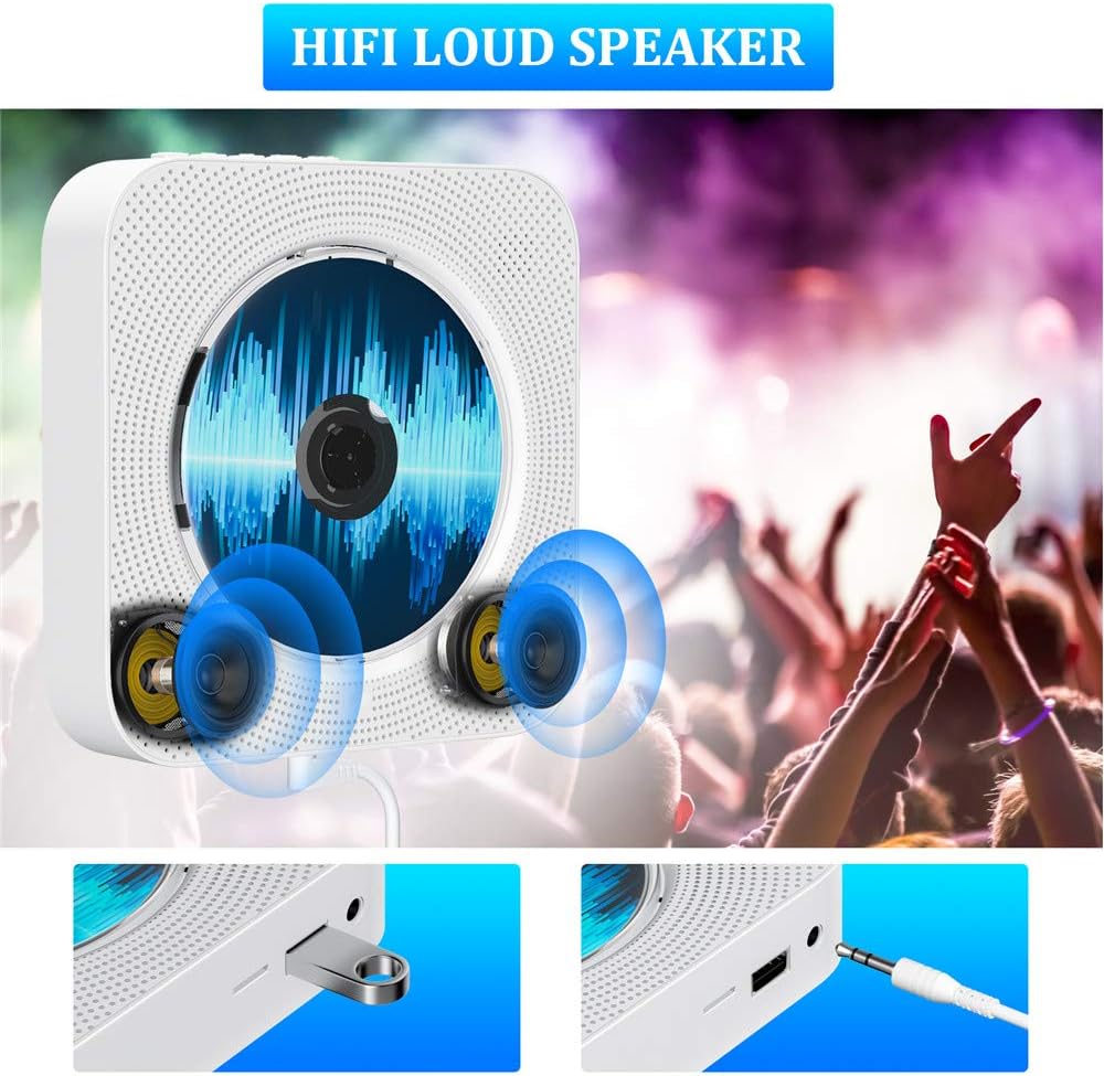 CD Player with Bluetooth, Portable Wall Mountable CD Player with Dust Cover, Home Audio Boombox with Remote Control FM Radio Colorful Light MP3 Headphone Jack AUX Input Output Pack of 2 N81412