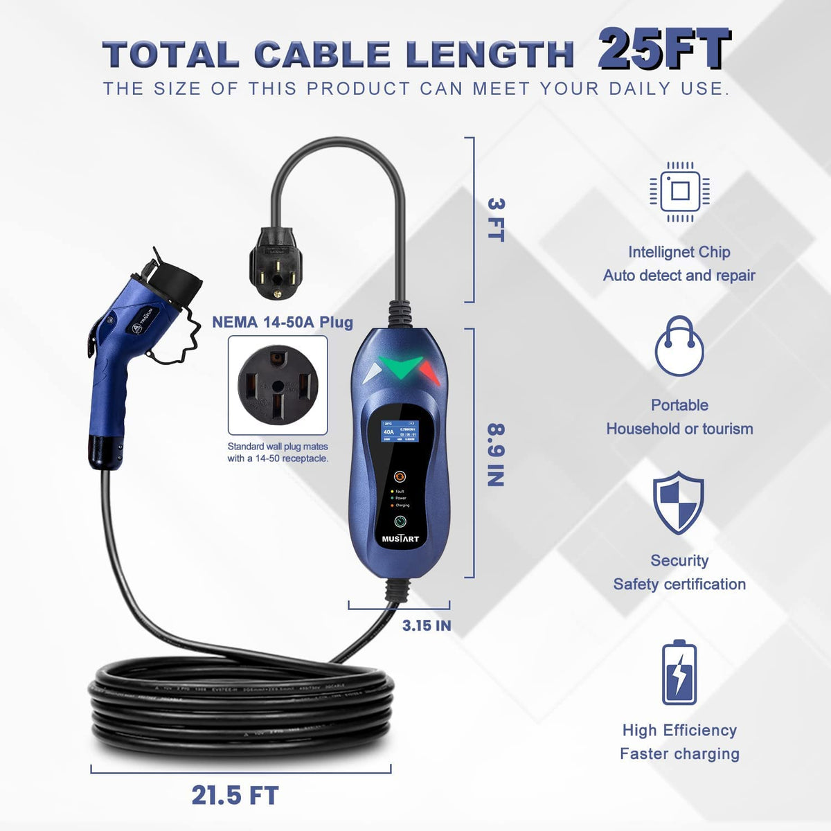 Portable Level 2 EV Charger, 240 Volt, 25ft Cable, 40 Amp Adjustable, NEMA 14-50P U9404