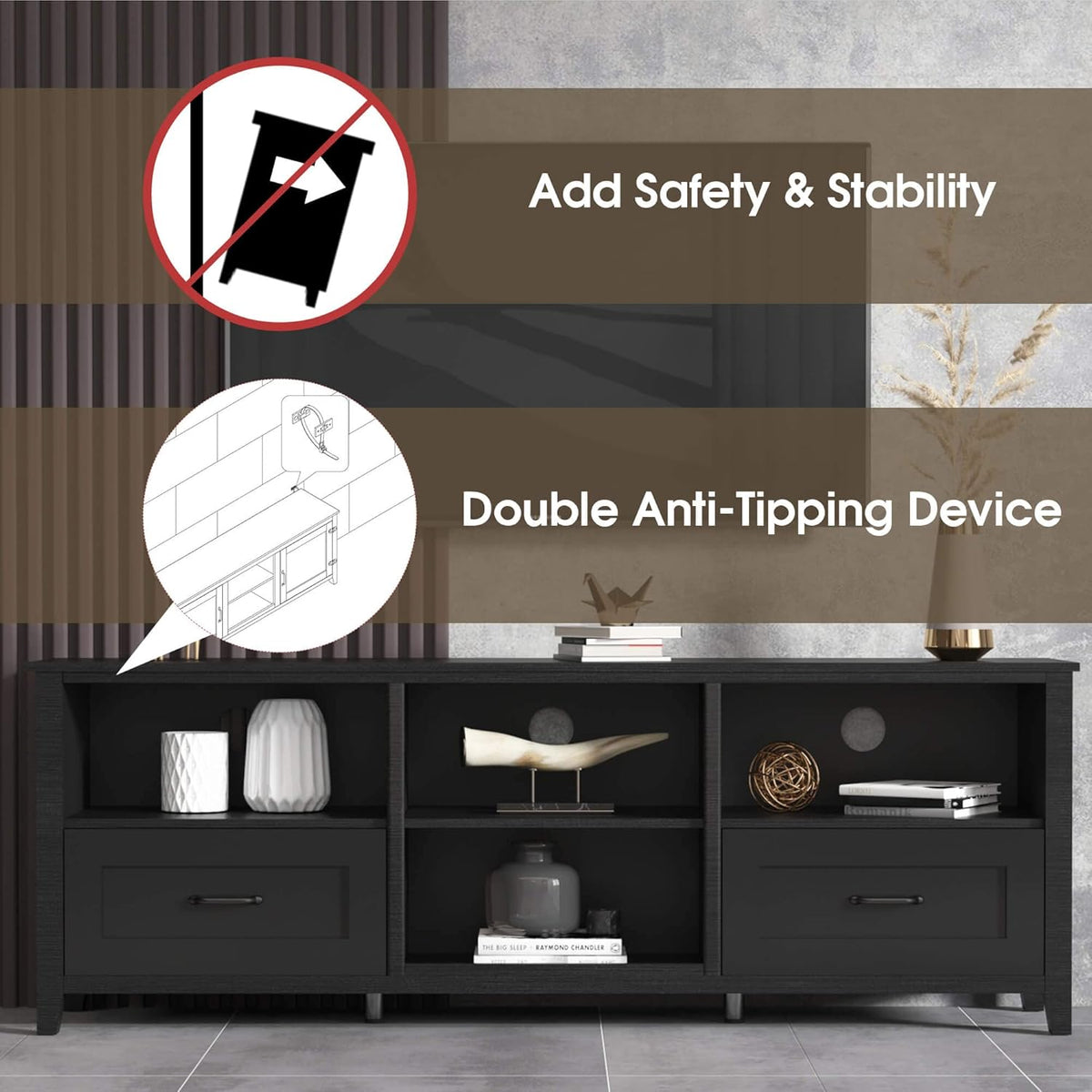 Black 70 inch TV Stand with Drawers Wood Storage Cabinet Z798